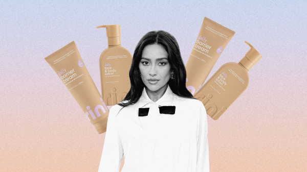 photo collage of shay mitchell and new rini body care products