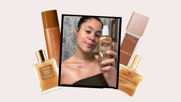 A collage of an Allure editor holding a bottle of Palmers Cocoa Butter Formula Shimmer Radiance Body Oil alongside other...