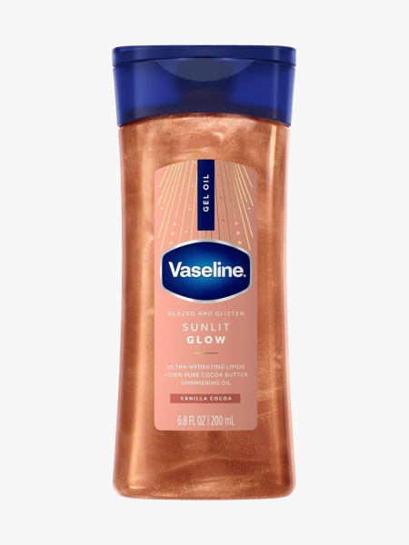 Vaseline Glazed and Glisten Sunlit Glow Shimmer Gel Oil in branded component on a light gray background