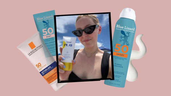 A collage of an Allure editor holding a tube of Supergoop Play SPF 50 alongside other product silos on a pink background