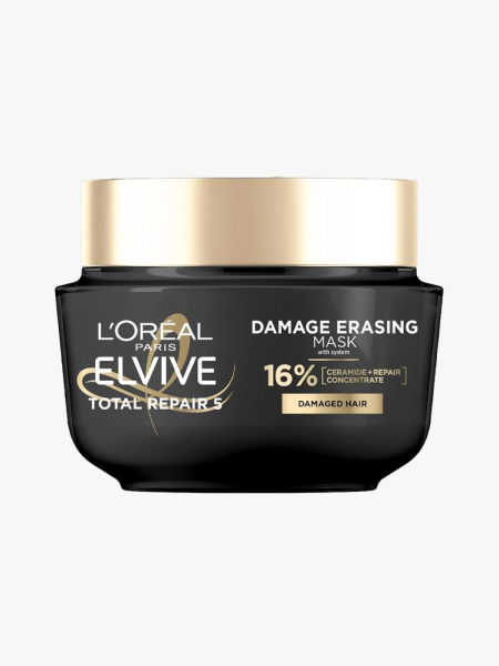 L'Oreal Paris Elvive Total Repair 5 Damage Erasing Balm in branded tub component on a light gray background