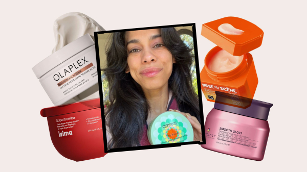 A collage of an Allure editor holding an Amika hair mask alongside other product silos on a light pink background