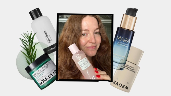 A collage of an Allure editor holding a bottle of Glow Recipe toner alongside other product silos on a offwhite background