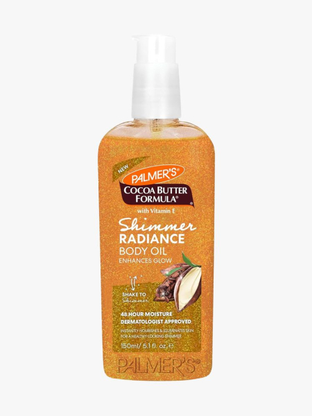 Palmer’s Cocoa Butter Formula Shimmer Radiance Body Oil in branded component on a light gray background